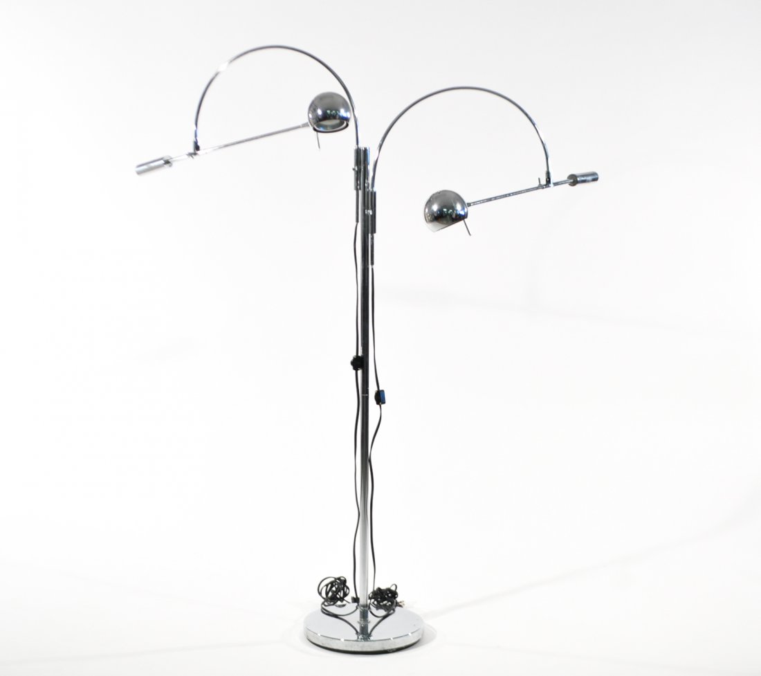 ROBERT SONNEMAN ORBITAL DOUBLE-ARM FLOOR LAMP: USA, 1970s, chromed steel, unsignedDimensions: H 57" x W 30" x D 33"Condition: Very good original condition