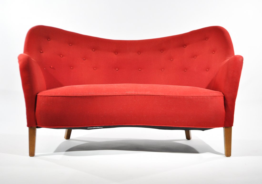FINN JUHL SETTEE: Model BO-55, designed 1946, produced by Carl BrorupDimensions: H 34" x W 60" x D 32"Condition: good, some wear to fabric along front and tear to back