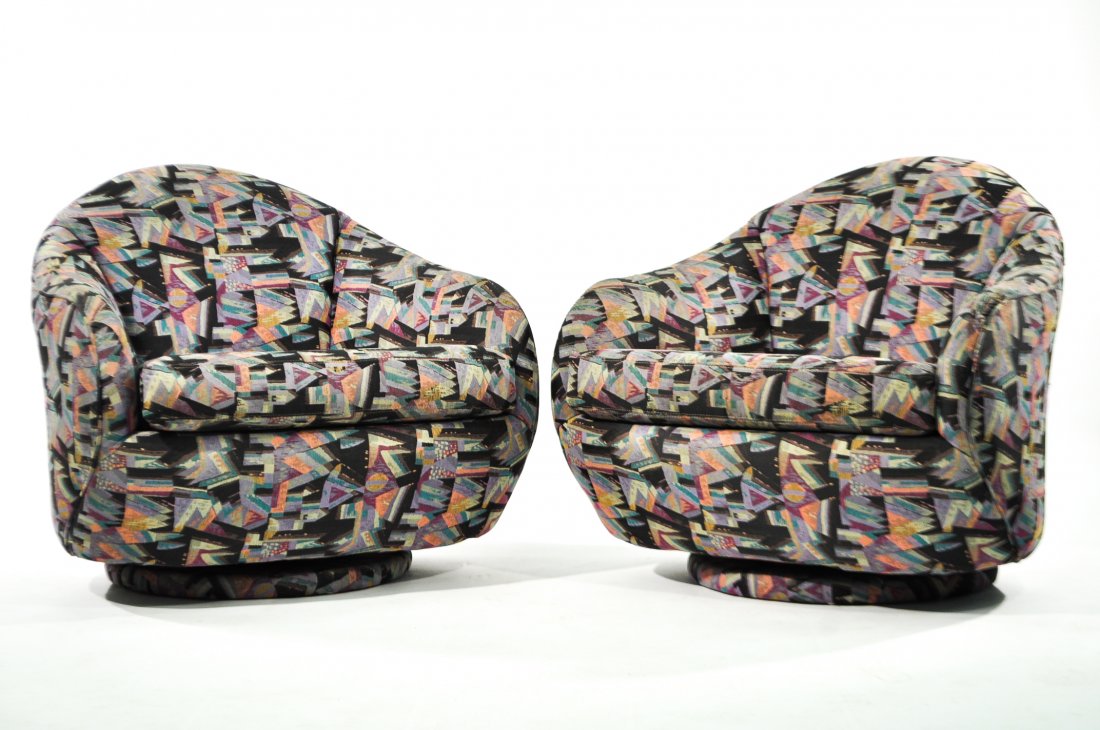 MILO BAUGHMAN FOR THAYER COGGIN, ROCKING CHAIRS: Thayer Coggin, pair of upholstered tilt-swivel-rocking chairs, USA, 1980s, labeled Offered with copy of original receipt. Dimensions : H 31.5" x W 35" x D 32"Condition: Some light wear. Good original