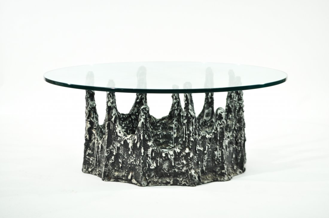ADRIAN PEARSALL BRUTALIST COFFEE TABLE: USA, 1960s, silvered composite and thick glass, unsignedDimensions : H 16.75" x D 42"Condition: Light scuff to glass, base in good shape