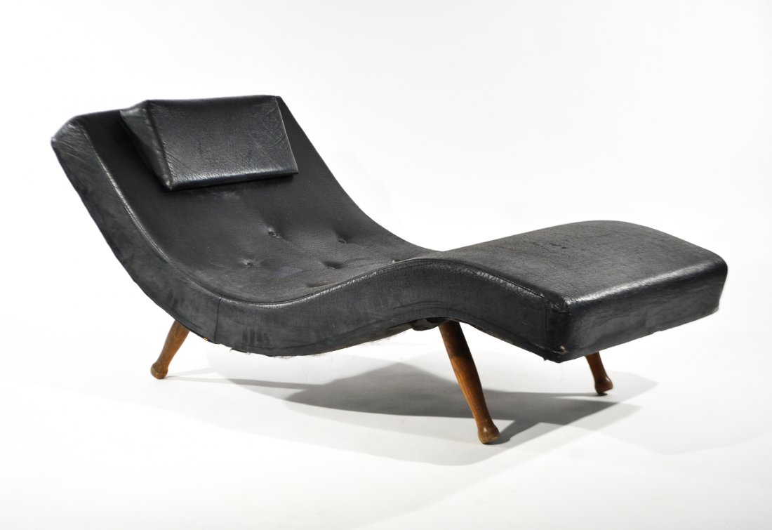 ADRIAN PEARSALL WAVE CHAISE LOUNGE: In a crackled vinyl upholstery with oak legsDimensions: H 27" x W 30" x D 58"Condition: good, some small marks to vinyl