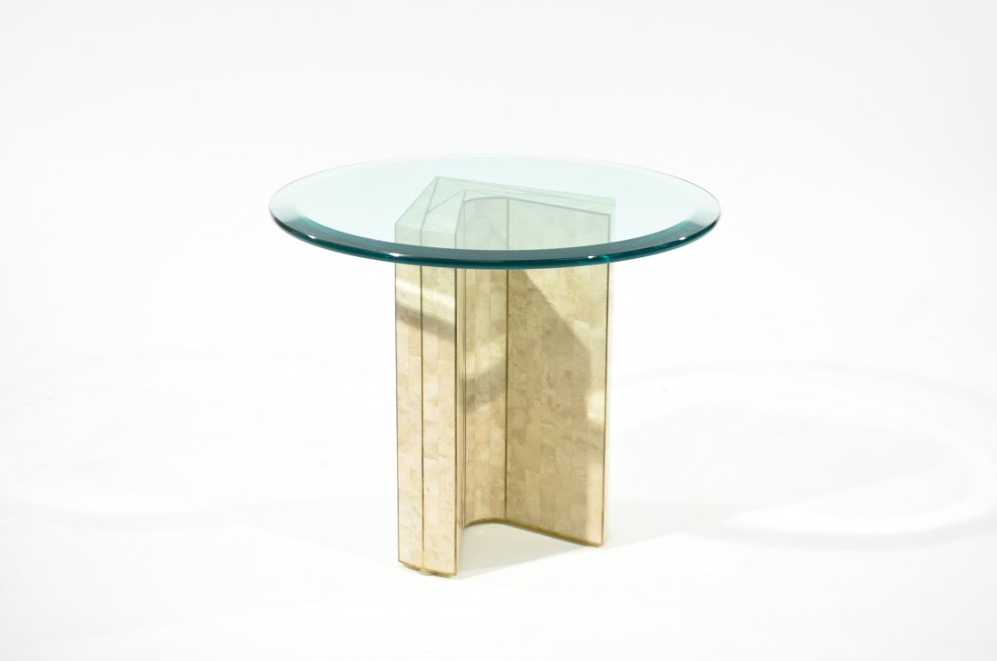 MAITLAND SMITH TESSELLATED MARBLE SIDE TABLE: USA, 1980s, marble, brass and glassDimensions: H 18.5" x Diameter 24"Condition: Very good original condition