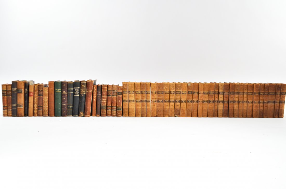 GROUPING OF SCANDINAVIAN LEATHERBOUND BOOKS: 8 linear feet, books date from 1900 onwardCondition: overall good, varying