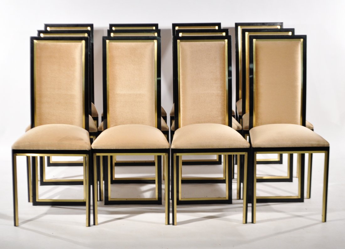 GUY LEFERVE (ATTR) DINING CHAIRS SET OF 12: France, 1970s or 80s, enameled steel and brass frames, upholstery, unsignedDimensions: H 41" x W 17.5" x D 17.5", seat height 19"Condition: some wear to enamel around a few edges & corners, otherwise