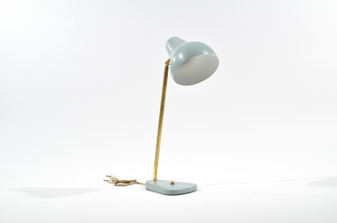 VILHELM LAURITZEN DESK LAMP: Adjustable table lamp, circa 1930, DenmarkDimensions: H 19" x W 5" x D 8"Condition: Fair. Normal age wear and patina. Minor scratches and scuffs to the base tiny spots of corrosion around the switch,