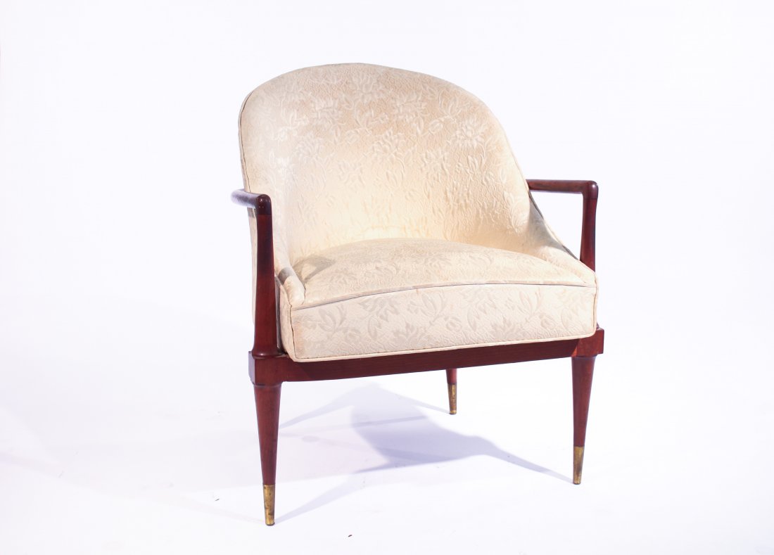STYLE OF T.H. ROBSJOHN GIBBINGS LOUNGE CHAIR: USA, 1950?s, sculpted walnut, brass feet and upholsteryDimensions: H 30.5" x W 25" x D 24"Condition: Good vintage condition