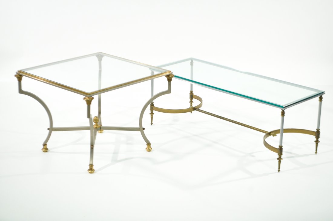 ITALIAN, METAL & GLASS COFFEE AND OCCASIONAL TABLE: 1970s or 80s, matte chromed steel, brass and glass, unsignedDimensions: H 19" x W 24" x D 24" square tableCondition: Nice patina to metal surfaces. New glass to coffee table. Very good overall conditi