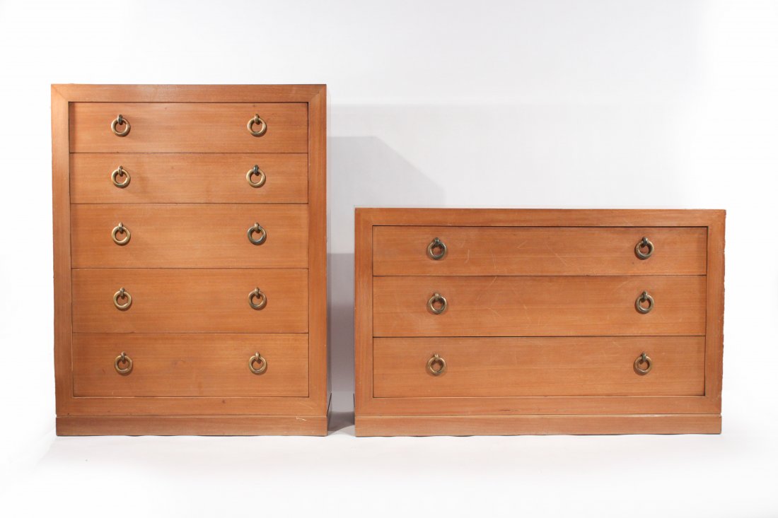STYLE OF TH ROBSJOHN GIBBINGS, TWO DRESSERS: USA, 1950s, bleached mahogany and gilt metal pulls, unsignedDimensions: H 49" x W 38" x D 19" tall chestCondition: Light to moderate wear throughout. Drawers work well with clean interiors. Good to fa