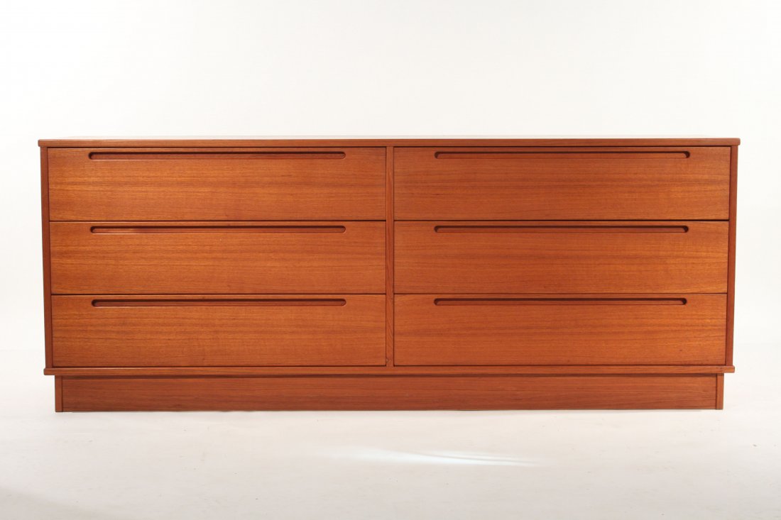 DANISH TEAK LONG DRESSER: 1970?s, unsigned Dimensions: H 28.5" x W 78" x D 18"Condition: Some light fading and wear. Doors & drawers work well. Clean interiors. Good overall condition.
