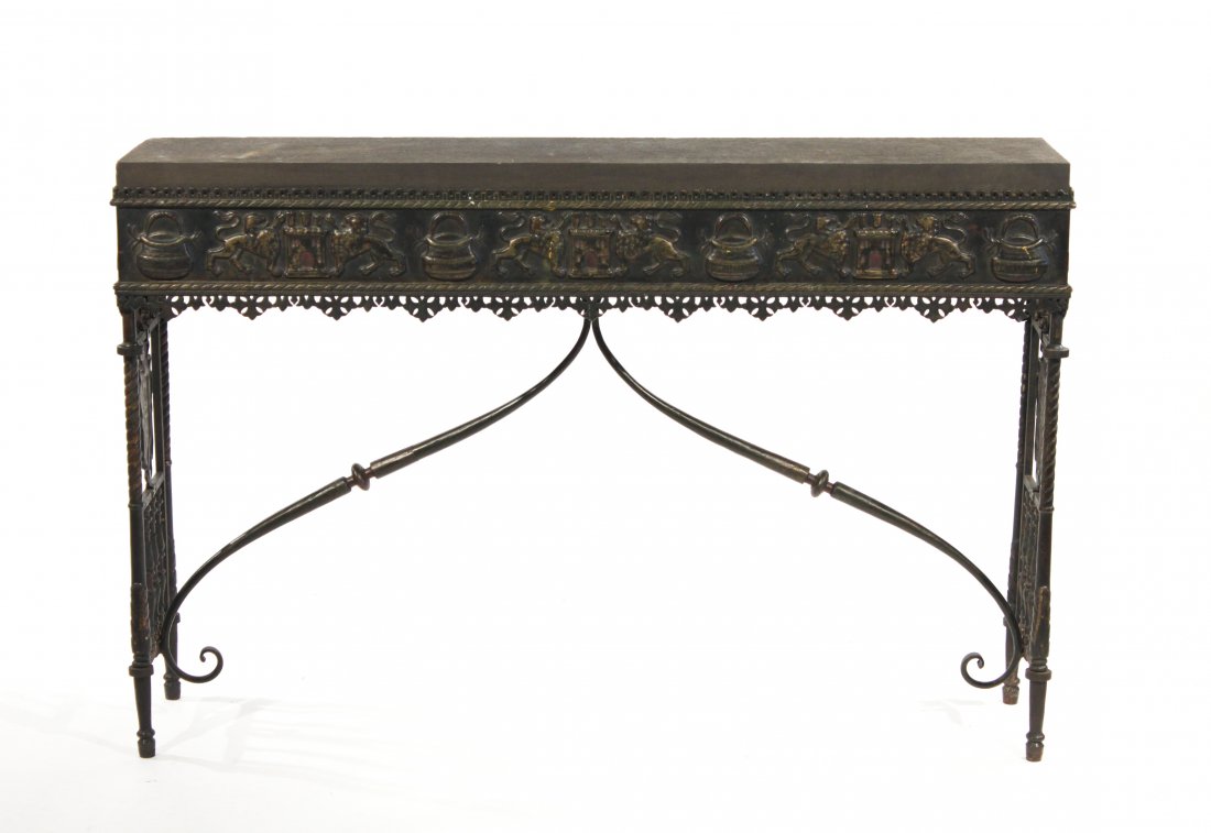 OSCAR BACH (ATTR.) CONSOLE TABLE: USA, 1930s, wrought iron, bronze, slate, unsignedDimensions: H 36" x W 54.5" x D 12.5"Condition: Replaced slate top. Base is in very good condition