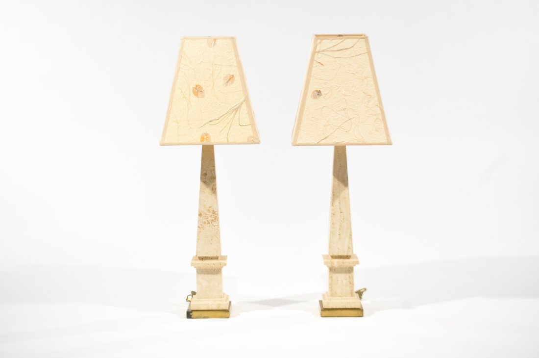 PAIR OF ITALIAN TRAVERTINE TABLE LAMPS: 1980, solid travertine and brass, textured shades, unsignedDimensions: H 29" x W 10" x D 10"Condition: Light normal wear. Very good condition.