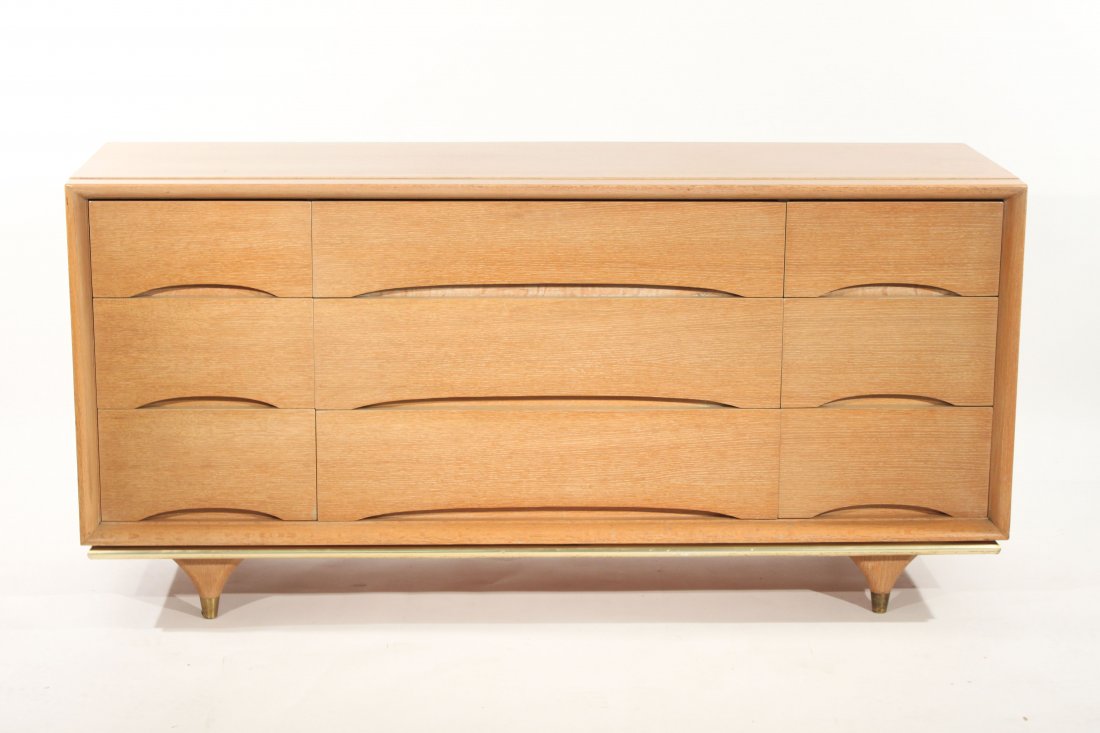 KENT COFFEY, TRIPLE DRESSER: USA, 1950s, white oak and metal trim, brandedDimensions: H 31" x W 64" x D 20"Condition: Light dents and scuffs. Good vintage condition.