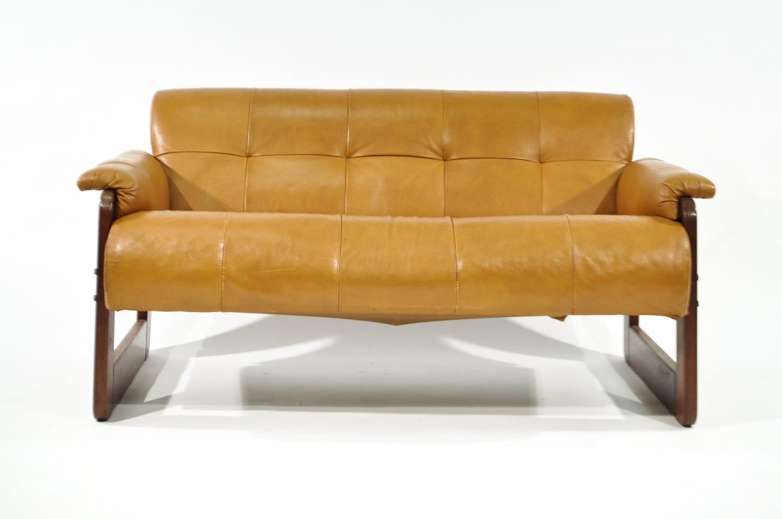 PERCIVAL LAFER MODERN LEATHER LOVESEAT: Dimensions: H 26" x W 51" x D 32"Condition: good, some wear to leather, original label to bottom