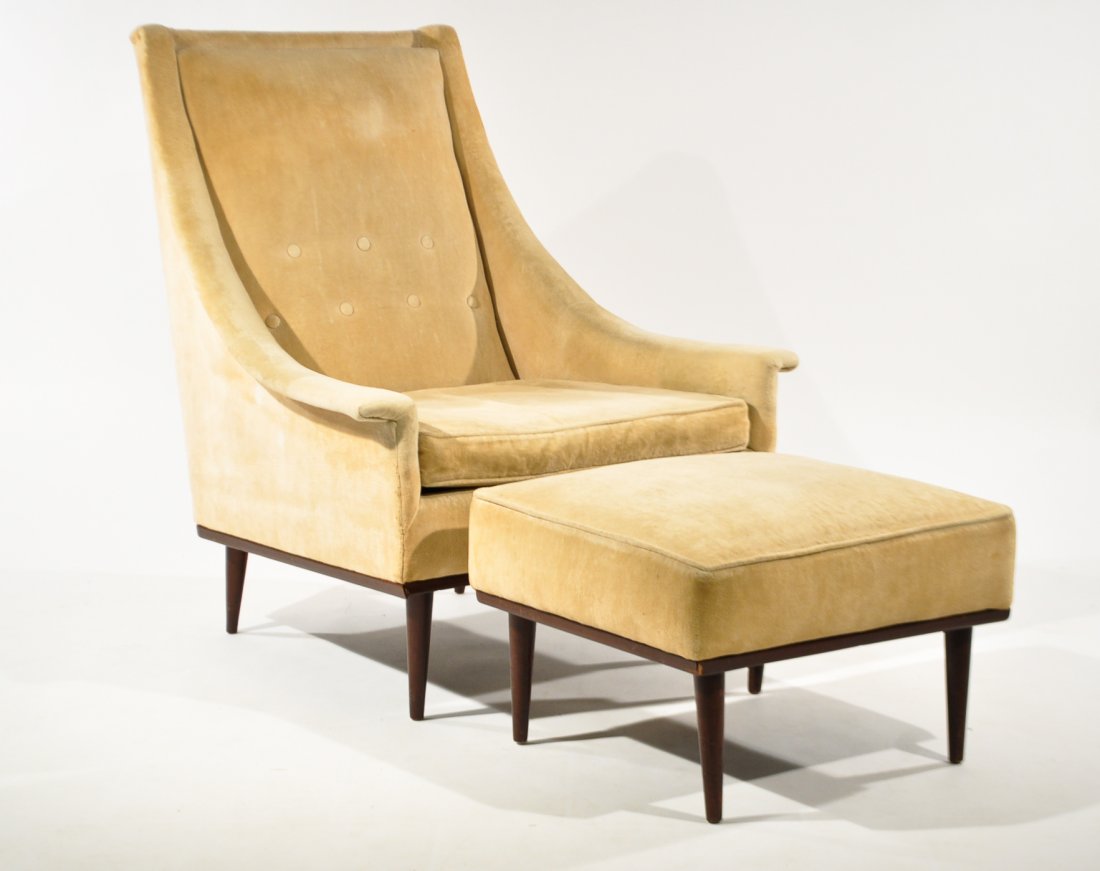 SELIG LOUNGE CHAIR AND OTTOMAN: Dimensions: H 39.5" x W 24" x D 29"Condition: good vintage condition, some wear to base, marks to upholstery on crest, nice look