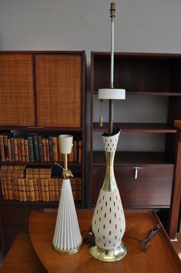 GERALD THURSTON - LIGHTOLIER, TWO TABLE LAMPS: USA, 1950s, Ceramic and brass, unsignedDimensions: H 39" x Diameter 19" with shadeCondition: Good vintage condition.