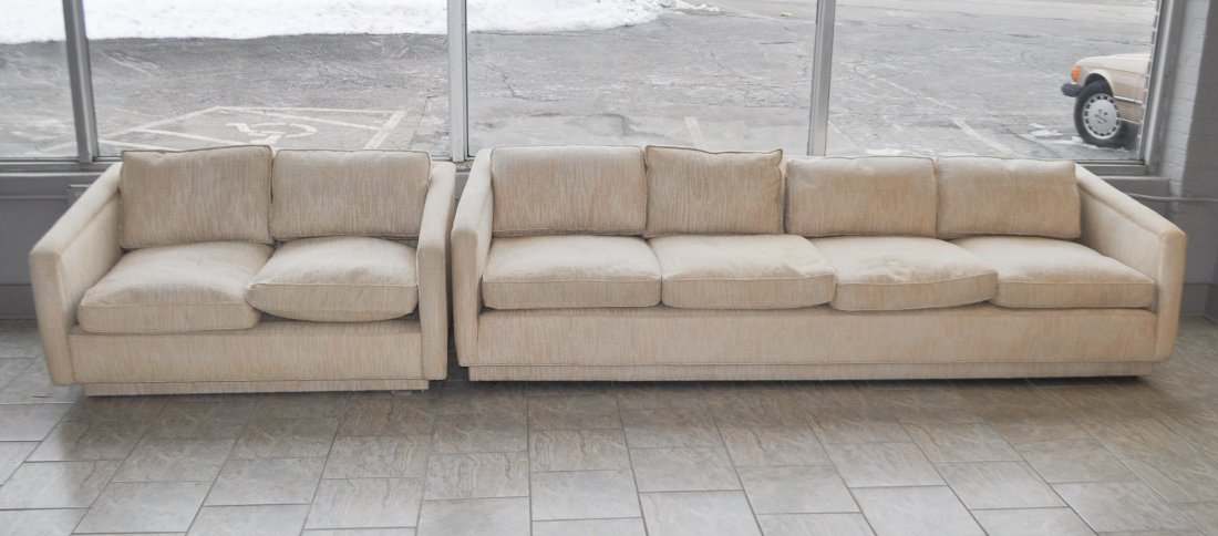 MID-CENTURY SOFA & LOVESEAT: Original fabric, down filled, in the manner of DunbarDimensions: H 27" x W 102" x D 36"Condition: good, clean