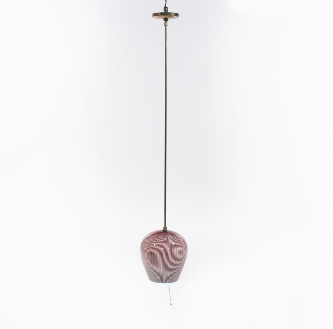 MASSIMO VIGNELLI ITALIAN GLASS PENDANT LAMP: Dimensions: H 51" x Diameter 10"Condition: good, some patina to brass