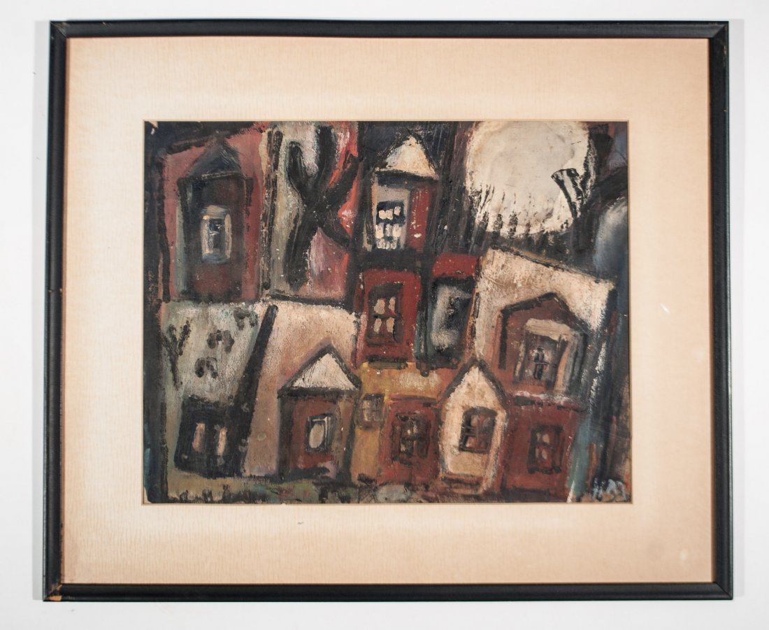 POST-WAR ENGLISH MODERNIST MIXED MEDIA: Circa 1940s, signed HM lower rightDimensions: H 17" x W 19.5" frame, H 11" x W 14" sightCondition: tear and small loss upper left corner, small loss lower left corner