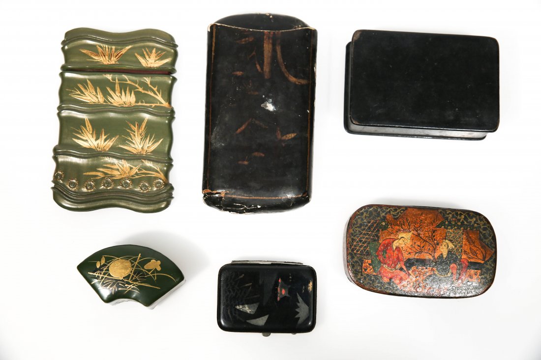 (6) ASIAN LACQUER BOXES: Colors from green, black, and gold-leaf.Dimensions:H 5.25" x W 2.75"Condition: overall good, some losses to lacquer on largest box, some small bumps throughoutProvenance: Arthur and Joe Robinson Colle