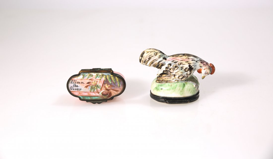 BILSTON ENAMEL BONBONNIERE BOXES: Dimensions; H 2.5" x W 3" x D 1.5"Condition: good, some losses to enamel