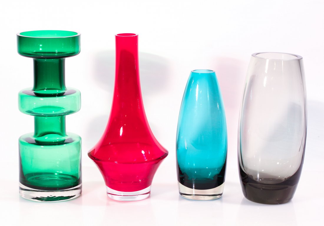 GROUPING OF FOUR MID-CENTURY ART GLASS VASES: Including: Hellas smoked glass vase by Per Lutken for Holmegaard, 1961 signed and dated (9.75"). Riihimaki/Riihimaen Lasi Finnish glass vase by Tamara Aladin 1960-1970 (11"). Riihimaki/Riihimaen Lasi