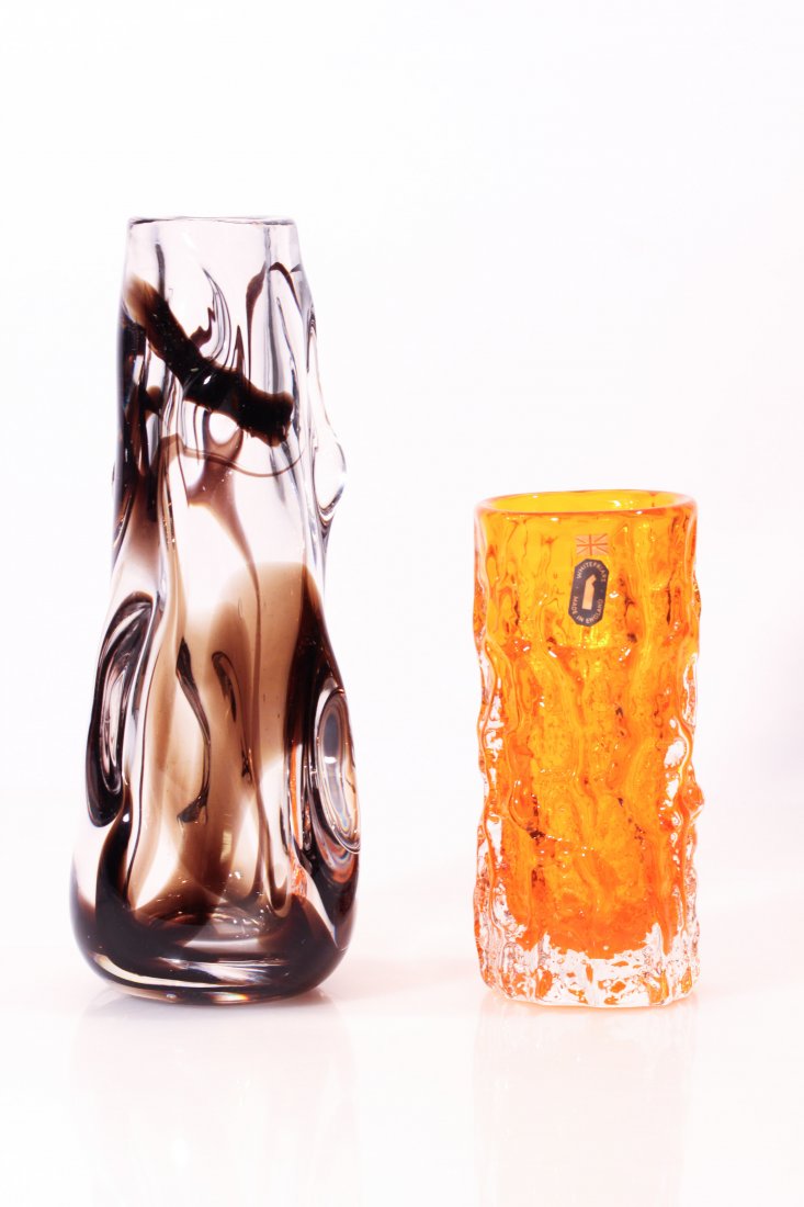 (2) WHITEFRIARS GLASS VASES: Whitefriars Knobbly streaky glass vase by William Wilson and Harry Dyer, 1960s (H 10") & Whitefriars tangerine and clear textured "Bark" glass by Geoffrey Baxter, 1960s with applied paper labels (H 6"