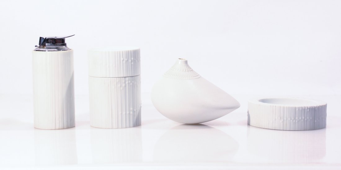 ROSENTHAL STUDIO LINE PORCELAIN GROUPING: Including Pollo bud vase by Tapio Wirkkala and porcelain box with cover, lighter and a dish by Tapio Wirkkala with printed factory marks. Dimensions: Box: H 4"Condition: good