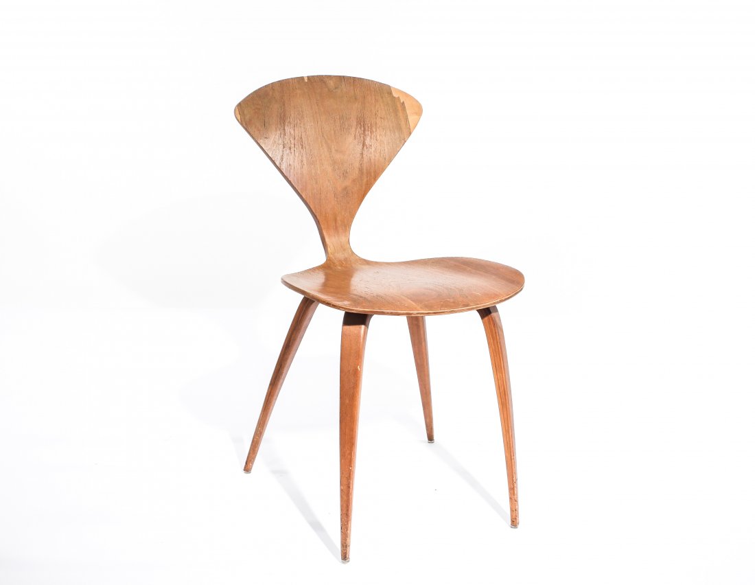 NORMAN CHERNER BENT WOOD SIDE CHAIR: Dimensions: H 31.5" x W 22" x D 17"Condition: fair, losses to veneer on back and side