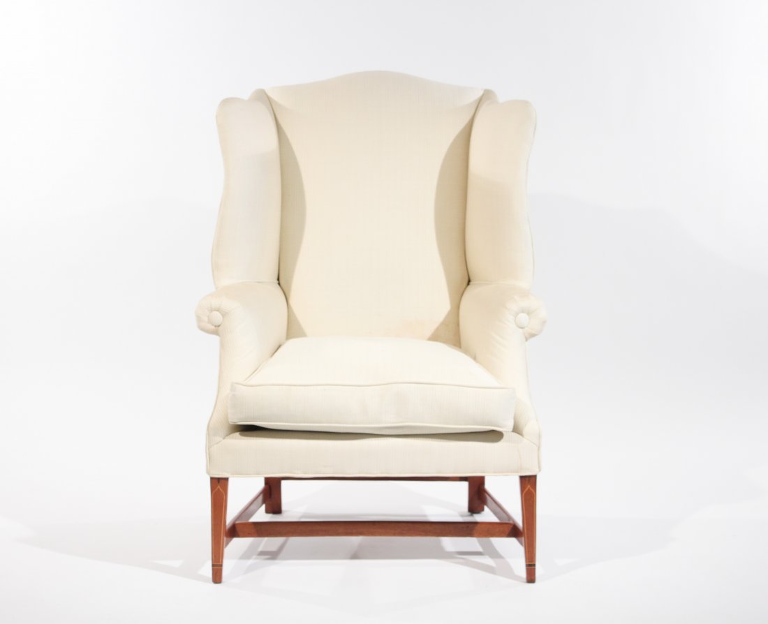 HEPPLEWHITE WINGBACK CHAIR: Dimensions: H 43" x W 30" x D 32"Condition: good, some staining to fabric, light wear to frame