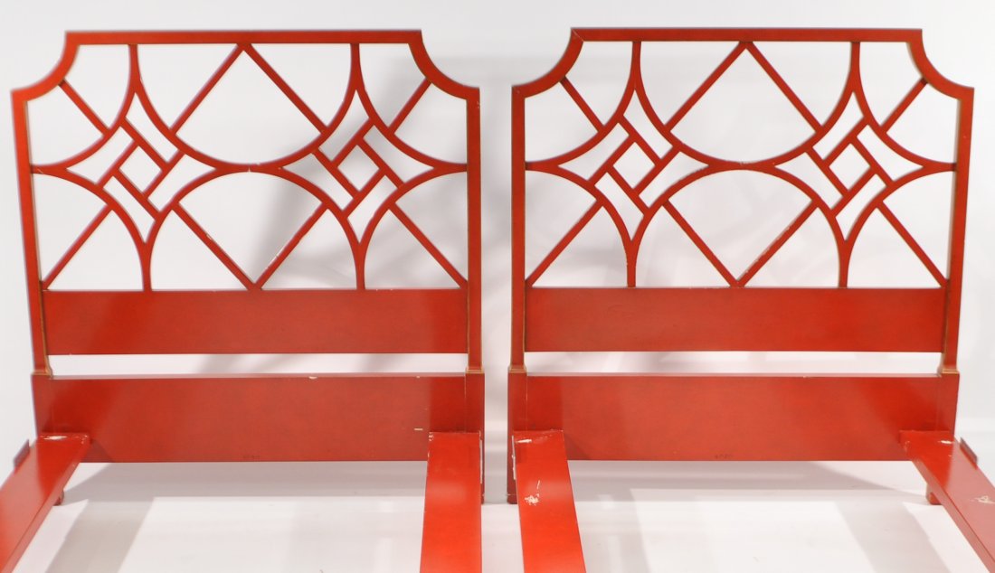 MID-CENTURY HOLLYWOOD REGENCY HEADBOARDS: Dimensions: H 43" x W 39.5" headboard, 75.5" length on side railsCondition: good, paint losses throughout