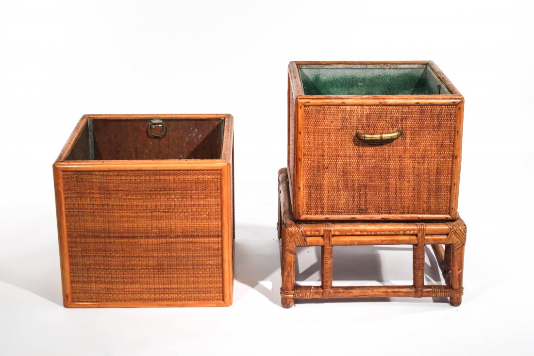 MID-CENTURY BAMBOO AND CANED PLANTERS: Copper linedDimensions: H 18.5" x W 20" x D 20" on the stand alone unitCondition: good, light wear to caning