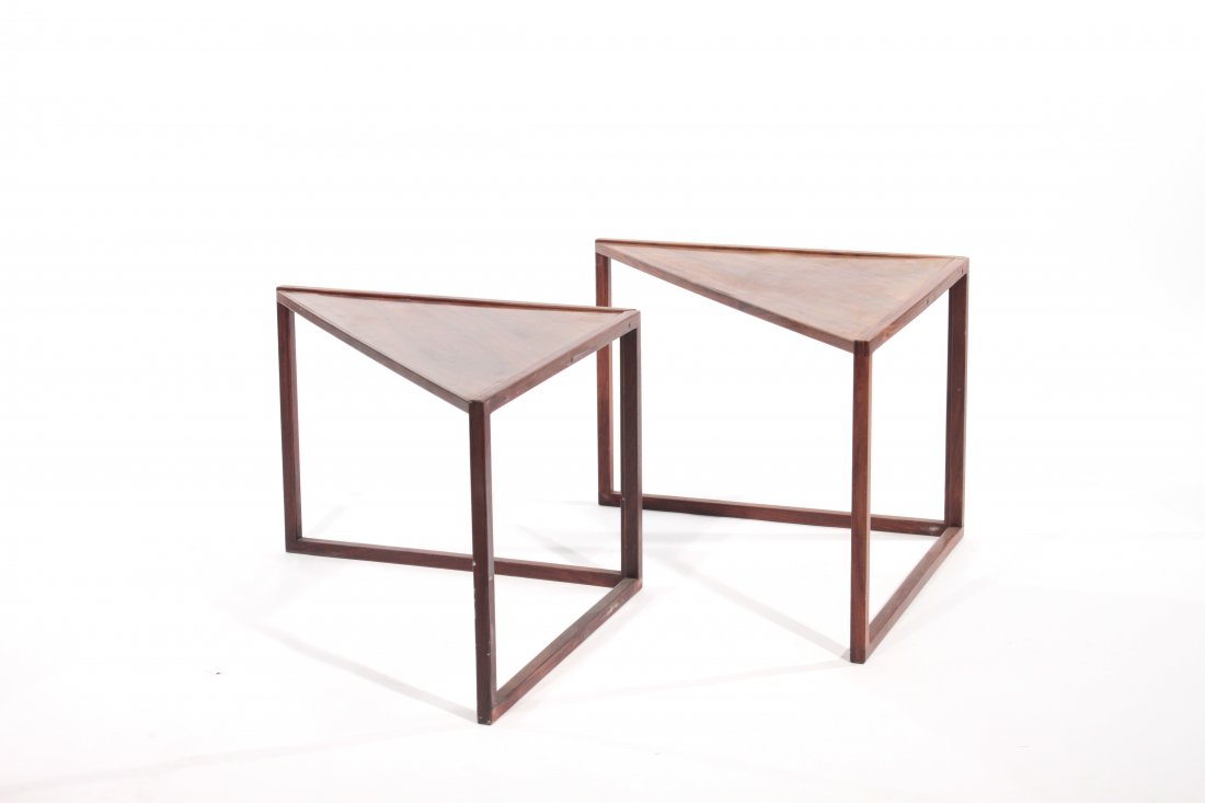 DANISH ROSEWOOD TRIANGULAR NESTING END TABLES: Dimensions: H 18" x W 34" x D 18"Condition: good, light wear to finish