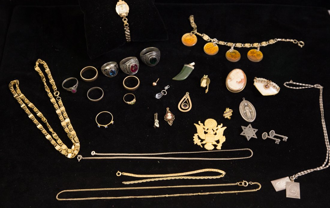 MIXED SILVER APPROX 6.75OZ.: Mixed metals including sterling silver, gold and brass. Sterling class rings, necklaces, cameo, small gold ring, missing stones, gold filled necklaces, rings and watch.