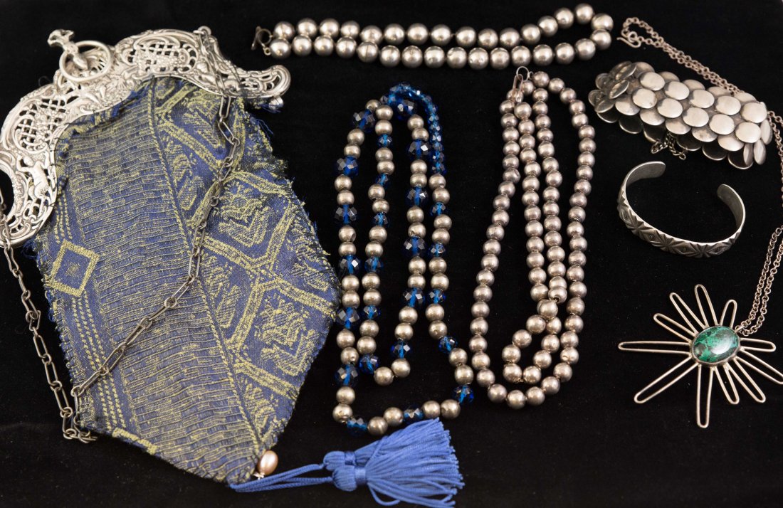 SILVER JEWELRY GROUPING ETC: Including Mexican silver hollow ball necklaces, Reptile skin bracelet (needs soldering at closure), Native American sterling bracelet, sterling modernist pendant and necklace with malachite stone, Ant