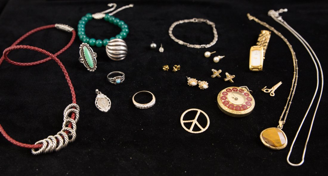 GROUPING INCL. DAVID YURMAN EARRINGS, RINGS, ETC: Lucerne swiss watch pendant, small Native American sterling and turquoise ring, David Yurman 18k and sterling ring, Seiko mother of pearl and stainless steel watch, Native American turquoise and sterl