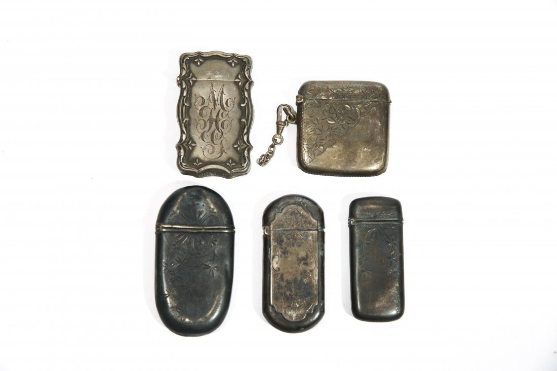 (5) STERLING SILVER MATCH SAFES: Dimensions: H 2.75" x W 1.75"Weight: 3.12 oztCondition: goodProvenance: Arthur and Joe Robinson Collection, Harrison, New York.