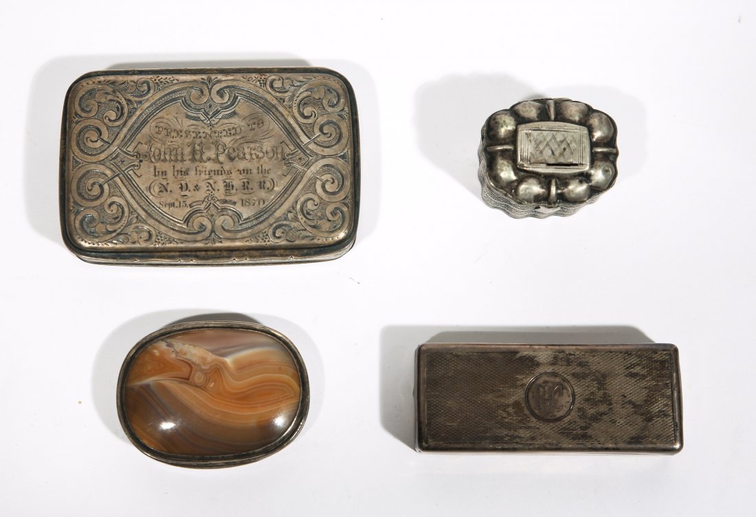 (4) SMALL STERLING SILVER BOXES: 19th CenturyDimensions: H 2.5" x W 3.5" x W .75"Condition: goodProvenance: Arthur and Joe Robinson Collection, Harrison, New York.
