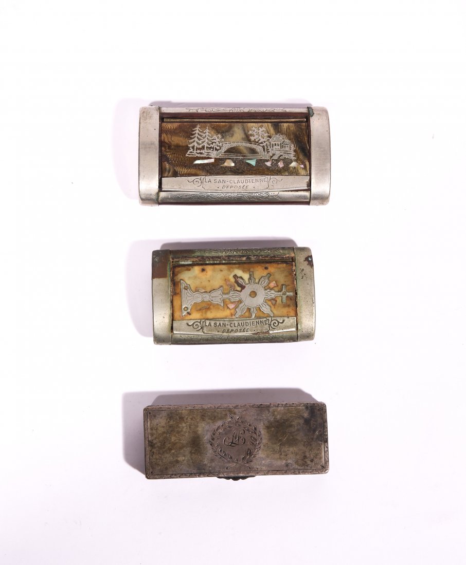 THREE SNUFF BOXES: 1 Austrian silver and two French wood lined, La San ClaudienneDimensions: H 3.5" x W 1.75" x D 1"Condition: good, wear to finish on all, crack to tortoise