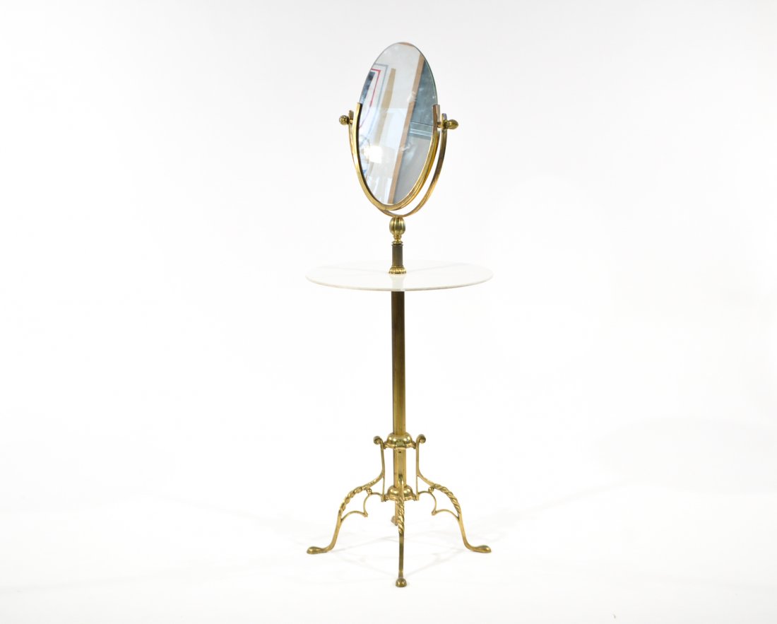 MID-CENTURY BRASS MIRRORED VANITY STAND: Milk glass table with brass bodyDimensions: H 49" x Diameter 17.5"Condition: good, patina