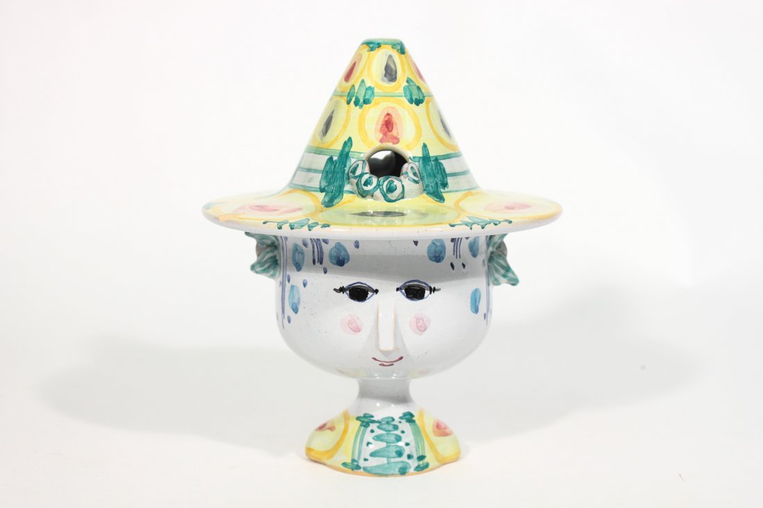 BJORN WIINBLAD CERAMIC COVERED HEAD & HAT BOWL: Dimensions: H 8" x Diameter 7"Condtion: good, some hairlines, no losses or repairs