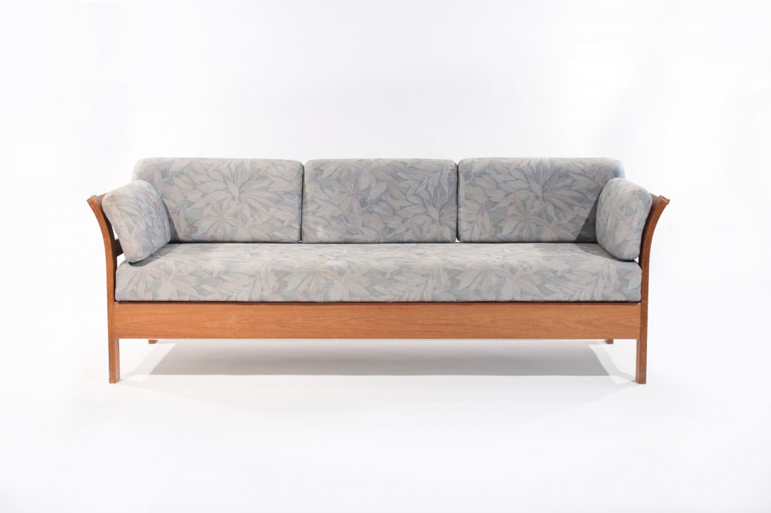 DANISH TEAK SOFA: Hestbaek, marked to one cushion Dimensions: H 32" x W 84" x D 32"Condition: good