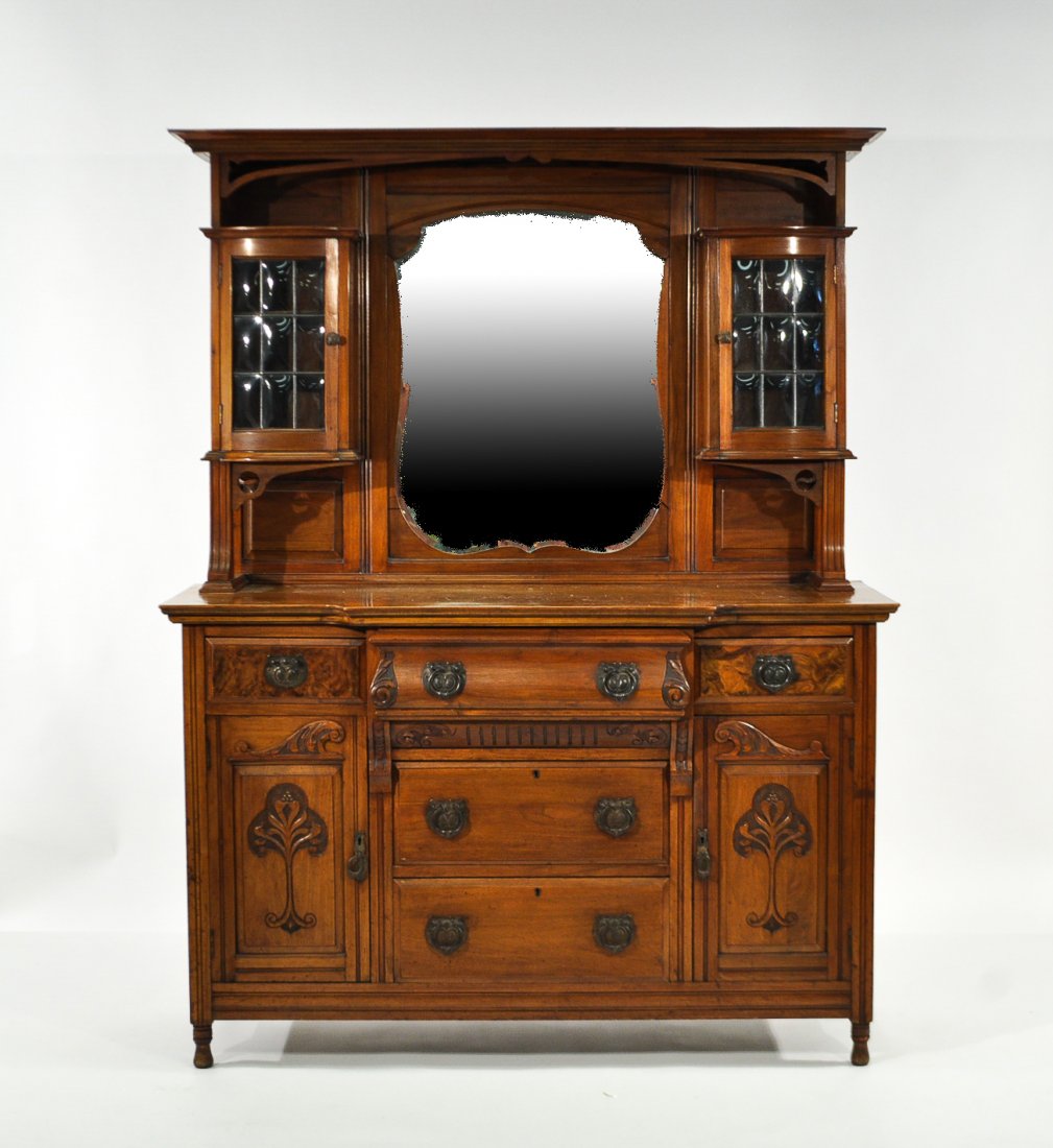 ARTS AND CRAFTS NOUVEAU CABINET: Keys are presentDimensions: H 75" x W 56" x D 20"Condition: good, some surface wear, missing one pull