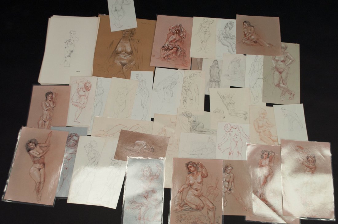 ALLEN HERMES (AMER. 1913-2004) ORIGINAL DRAWINGS 5: Over 30 drawings of human forms, pencil and pastel on varying paper, laminated, and over 20 prints of a single image of a nude womanProvenance: From the Estate of Allen Hermes