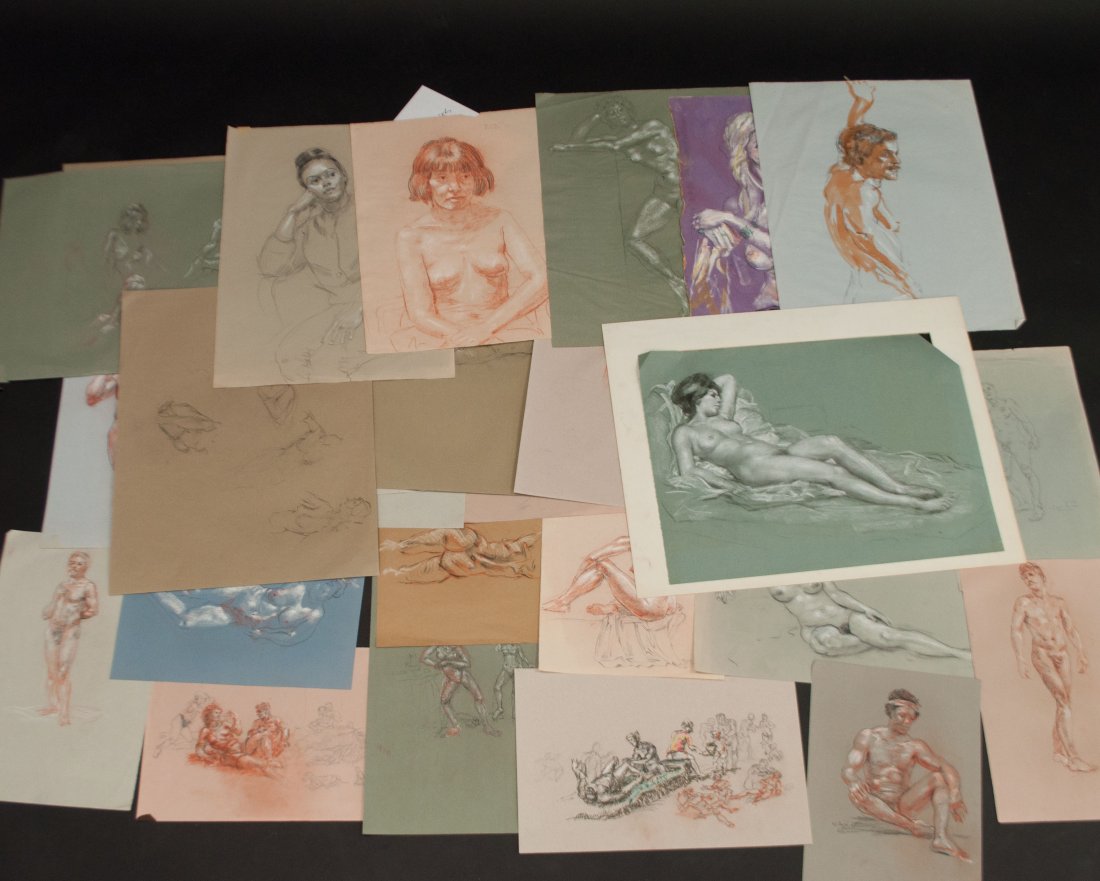 ALLEN HERMES (AMER. 1913-2004) ORIGINAL DRAWINGS 6: Over 25 drawings of human forms, pencil and pastel on varying paperProvenance: From the Estate of Allen Hermes