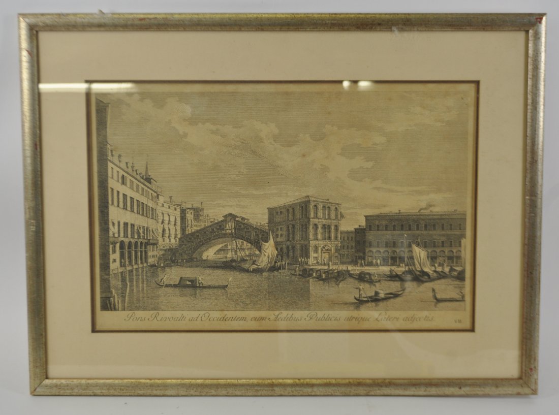 ANTONIO VISENTINI ( ITALIAN 1688-1782): Pons Rivoalti ad Occidentem, cum Aedibus Publicis utrique Lateri adjectis. (Venice, Rialto Bridge.)View Nr. 7 of 38 from his series “Urfbis Venetarum Prospectus Celebriores ex Antonii Canal".Visenti