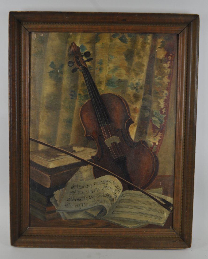 VIOLIN AND SHEET MUSIC STILL LIFE: Oil on canvas board,not signed. Dimensions:H 29" W 22"Condition: good, surface dirt, scuff marks.Note: All items are sold as-is, where-is. Any condition report is a courtesy to the buyer and should no