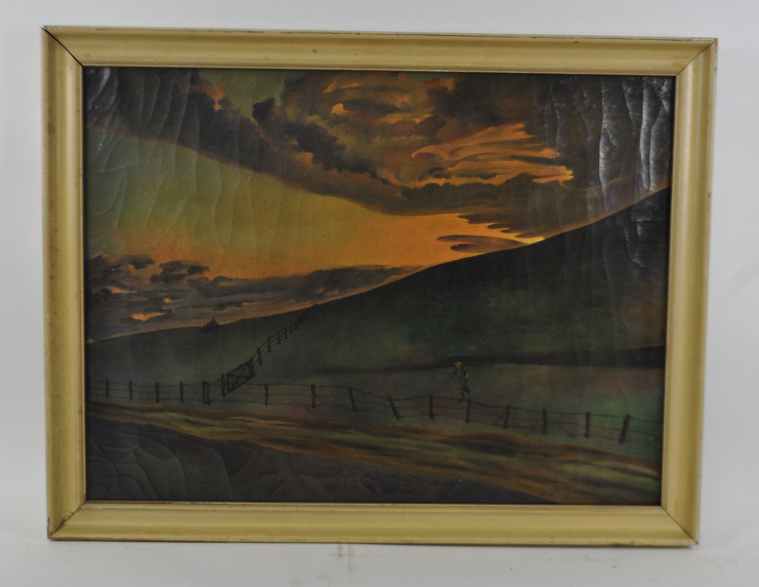 20TH CENTURY MAN ON FARM SUNSET: Oil on board, not signedDimensions:H 20.5" W 26.5"Condition: goodNote: All items are sold as-is, where-is. Any condition report is a courtesy to the buyer and should not be taken as fact. Please conta
