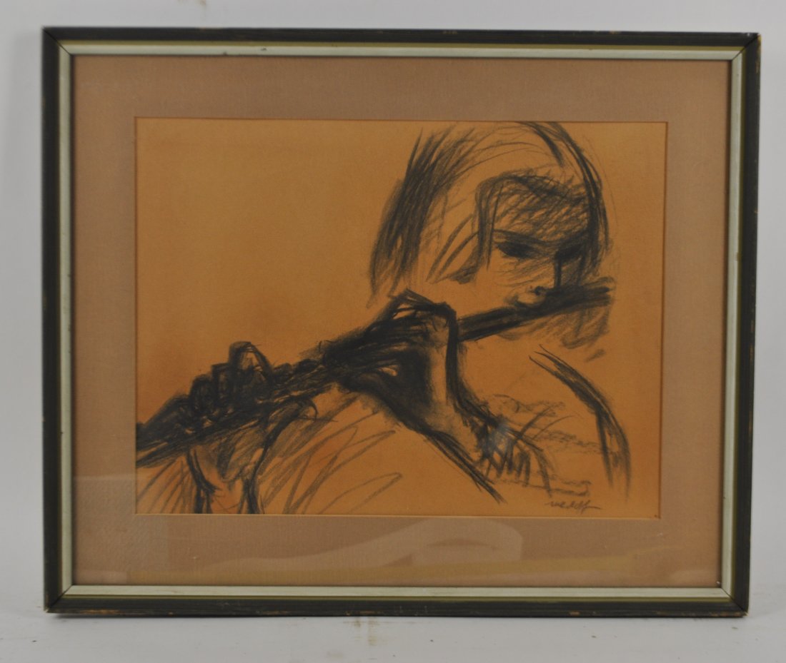 EVE MEDOFF (20TH/ 21ST CENTURY ARTIST): Girl playing the fluteCharcoal on paper, signed lower right.Dimensions:H 17" W 21"Condition: good, paper has discolored.Note: All items are sold as-is, where-is. Any condition report is a courtesy to 