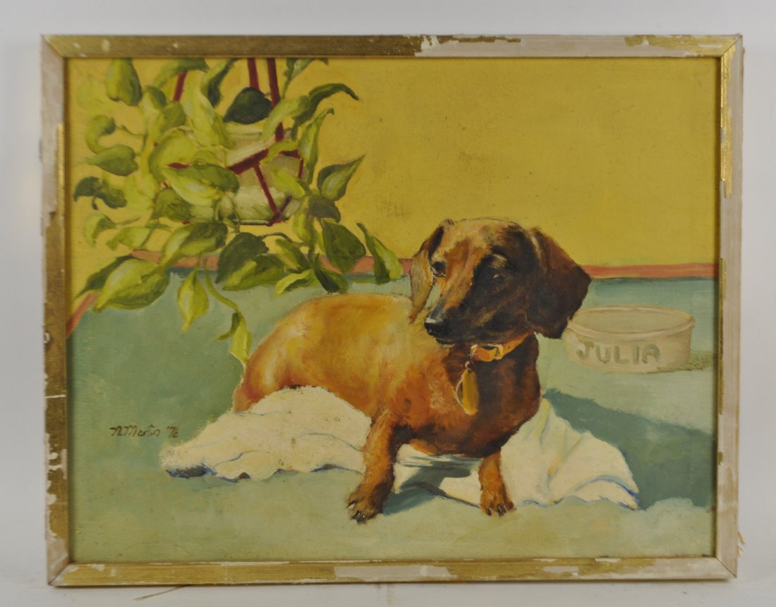 NINA MARTIN (20TH CENTURY ARTIST): JULIA, 1976Oil on canvas, signed lower left Dimensions:H 19.5" W 25.5"Condition: good, surface dirt .Note: All items are sold as-is, where-is. Any condition report is a courtesy to the buyer and shoul