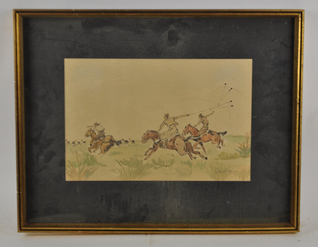 ROBERT MIRR ( 20TH CENTURY ARTIST): Untitled (South American Cowboy)Watercolor, ink on paper Dimensions: H 16" W 20.5"Condition: goodNote: All items are sold as-is, where-is. Any condition report is a courtesy to the buyer and should no